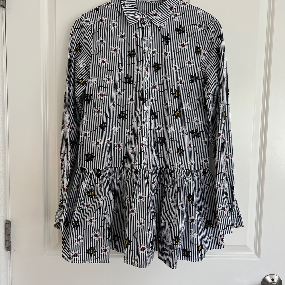 Opening Ceremony Striped Floral Long Sleeve Peplum Blouse